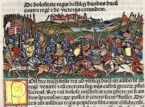 Chronica Hungarorum, Thuróczy chronicle, King Solomon of Hungary, Prince Géza of Hungary, battle, Greeks, Byzantine, Belgrade, Niš, Hungarian flag, horses, spikes, fight, armored soldiers, cavalry, medieval, Hungarian chronicle, book, illustration, history