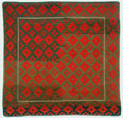 Small Tibetan sitting rug with traditional Gau (amulet) design, c. 1900