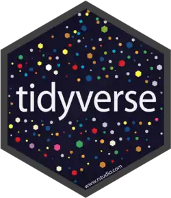 Hexagon shaped logo with the word tidyverse in the middle