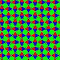 One of the colorings of the snub square tiling; the glide reflection lines are in the direction upper left / lower right; ignoring colors there is much more symmetry than just pg, then it is p4g (see there for this image with equally colored triangles)[5]