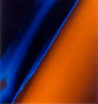 orange colored area at bottom right is separated from black space at upper left by diagonal series of blue bands