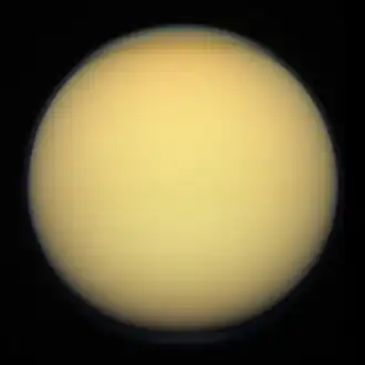 Image of a thick atmosphere that is yellow due to a dense organonitrogen haze