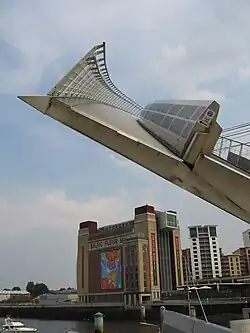 Picture of a close-up of the pedestrian and cycle arch while the bridge is tilting.