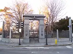 Touro Cemetery showing Isaiah Rogers' Egyptian Revival gate, in the colonial historic district of Newport in Newport County