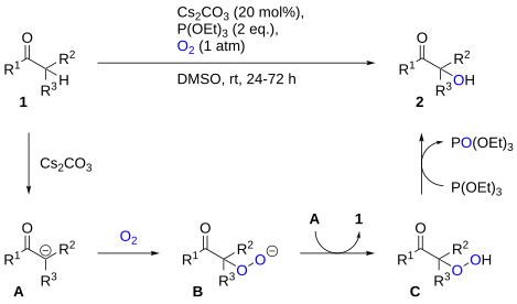 Reaction scheme and proposed mechanism for carbonyl α-hydroxylation using oxygen and triethyl phosphite.