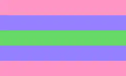 Trigender pride flag, made up of five horizontal stripes; which are, from top to bottom, pink, blue, green, blue, and pink.