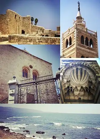 Clockwise from top left: Citadel of Tripoli, Mansouri Great Mosque minaret, Mamluk architecture, bay view, and a Syriac Catholic church