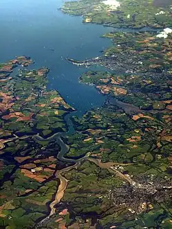 An aerial view of Carrick Roads