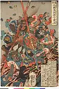 Zhang Fei dueling Zhao Yun in Utagawa Kuniyoshi's Heroes of the Popular History of the Three Kingdoms (c. 1836)