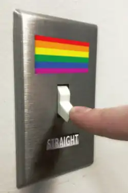A light switch decorated with a rainbow flag
