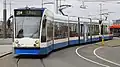 Two Siemens Combino trams in Amsterdam, the Netherlands.