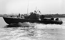 U.S. Navy fast patrol boat PTF-5 cruises in Chesapeake Bay, in 1973