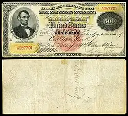 $500 Gold Certificate, Series 1870, Fr.1166i, depicting Abraham Lincoln