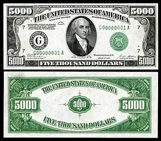 $5,000 Federal Reserve Note, Series 1928, Fr.2220g, depicting James Madison.