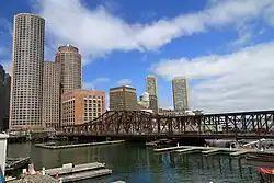 The Harborwalk formerly crossed Fort Point Channel on the Old Northern Avenue Bridge