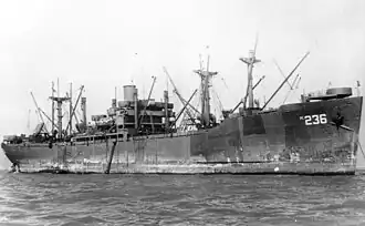 USS Lakewood Victory (AK-236) at anchor, probably when she returned to San Francisco, in March 1946, after a postwar voyage to the Western Pacific. Her armament had been removed, probably during repair work at Puget Sound, in October and November 1945.