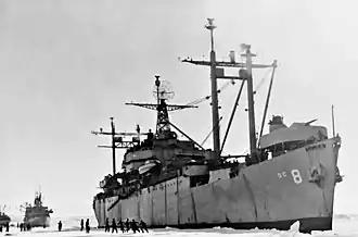 USS Mount Olympus moored in Antarctica c1947