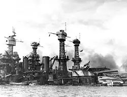 Hyperboloid towers of USS West Virginia, Pearl Harbor, 1941.