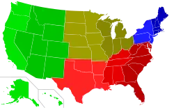 The four United States Census Bureau Regions separated by color, with the nine Census Divisions further delineated by shading