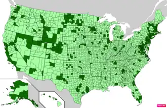 Counties in the United States by median nonfamily household income according to the U.S. Census Bureau American Community Survey 2013–2017 5-Year Estimates.[53] Counties with median nonfamily household incomes higher than the United States as a whole are in full green.