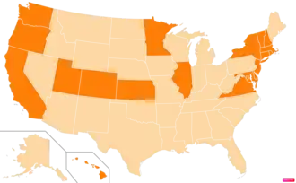 States in the United States by the percentage of the over 25-year-old population with bachelor's degrees according to the U.S. Census Bureau American Community Survey 2013–2017 5-Year Estimates.[52] States with higher percentages of bachelor's degrees than the United States as a whole are in full orange.