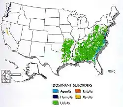 Map showing distribution and types of Ultisols throughout the United States; there is no Ultisol on the Ohio River flood plains, as the river has historically deposited other soil types there during its regular natural flooding.