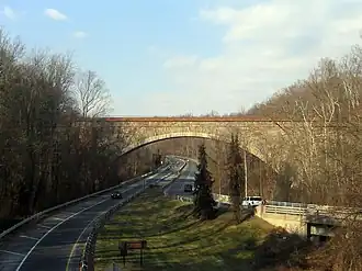 Union Arch Bridge (1864) carrying the Washington Aqueduct and MacArthur Boulevard at Cabin John, Montgomery County, Maryland, USA