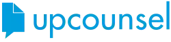 The top part of the image contains a folded document bubble in blue. The bottom part of the image contains the word "upcounsel" in blue.