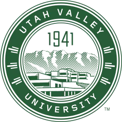 The seal of Utah Valley University, with a representation of the main campus and Mount Timpanogos behind it