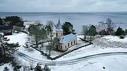 Overhead view of the Vainupea Chapel in wintertime