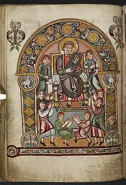 8th century A.D., England. Vespasian Psalter (Canterbury Psalter, MS Cotton Vespasian A.I, fol. 30v). King David playing the lyre with players on wooden trumpets and horns, and gleomen clapping and dancing,