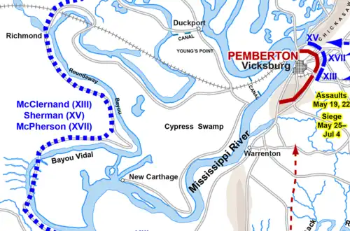Map showing the Duckport Canal cut going from the Mississippi River into winding waterways. Across the river are the Confederate positions at Vicksburg. Dotted lines show the eventual Union overland movement.