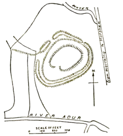 A line drawing oriented with north at the top. The castle mound is in the centre, with a road running north to south to the east of the castle, and the River Adur running east to west to the south.