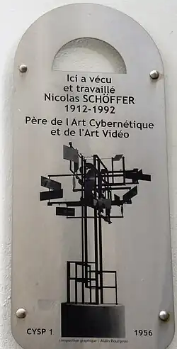 Nicolas Schöffer memorial plaque at the gate to the Villa des Arts, Montmartre