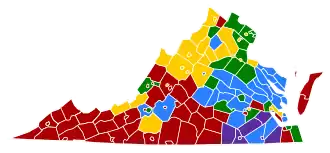 Virginia counties colored either red, blue, yellow, green, or purple based on the populations most common ancestry. The south-east is predominantly purple for African American, while the west is mostly red for American. The north has yellow for German, with two small areas green for Irish. Yellow is also found in spots in the west. A strip in the middle is blue for English.