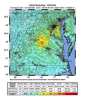 Shake map showing the epicenter of the earthquake in Virginia
