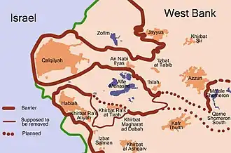 Map of path of the separation barrier around the Qalqilya and Hableh-Ras Atiya enclaves and the proposed path around Azzun