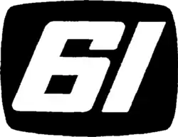An italicized white 61 in a squared-off style inside a rounded black rectangle frame designed to imitate a television screen