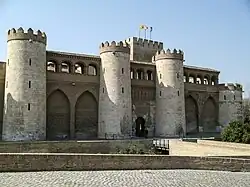 The exterior facade of the Aljafería was rebuilt in the 20th century.