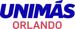 The UniMás network logo, the word UNIMÁS in blue in an italic sans serif with some rounded corners, with the word ORLANDO below in another sans serif in red.