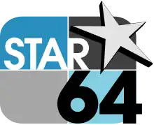 A rounded rectangle divided into blue and gray parts with the word STAR in white, a pointed silver star with black shadow in the upper right, and a black 64 in a sans serif in the lower right corner.