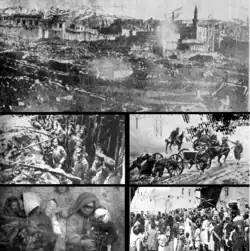Top: Destruction in the city of Erzurum; Left Upper: Russian forces; Left Lower: Wounded Muslim refugees; Right Upper: Ottoman forces; Right Lower: Armenian refugees