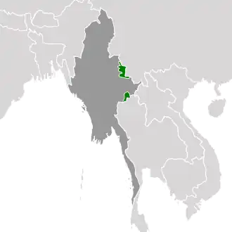 Projection showing Wa State in green and Myanmar (Burma) in dark grey