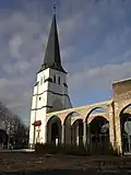 Church of Saint Ghislenus in Waarschot. Tower and ruins of the former church