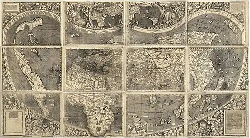 Image 85Universalis Cosmographia, also known as the Waldseemüller map, dated 1507, was the first map to show the Americas separating two distinct oceans. South America was generally considered the New World and shows the name "America" for the first time, after Amerigo Vespucci (from Pacific Ocean)