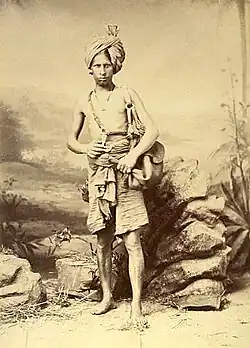 A water-carrier in India, 1882. In many places where running water is not available, water has to be transported by people.
