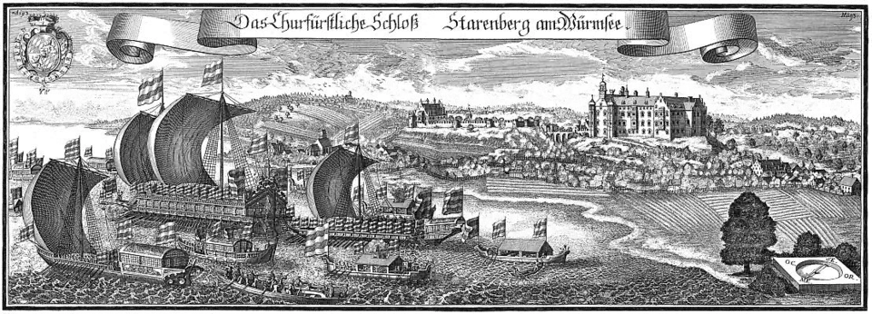 Starnberg Castle and the fleet of magnificent ships, led by the Bucentaurus, a copy of the ship of the Doges of Venice (around 1700).