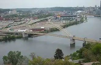 West End Bridge, built from 1930 to 1932, crosses the Ohio River and connects Pittsburgh's West End to the Chateau neighborhood in the city's North Side.