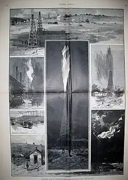 Westinghouse "Old No.1" natural gas derrick in a controlled burn (center), sometime between June 1884 and November 1885, located at the Solitude estate in the present-day Westinghouse Park. Additional regional natural gas facilities from the time are shown, including a field in Murrysville, PA (top).[10]