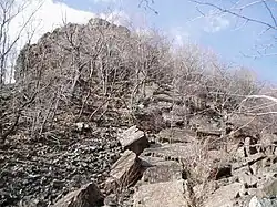 View of the cliffs of West Peak in Meriden, Connecticut as seen from below